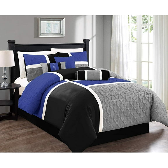 Chezmoi Collection 7-Piece Medallion Patchwork Comforter Set, Queen, Blue/Gray/Black