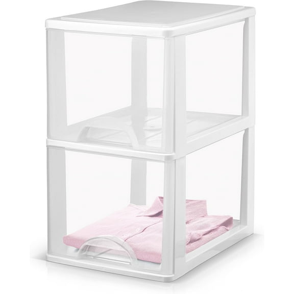 Plastic Small 2-Drawer Storage Organizer, Slim Narrow, White/Clear Crafts Drawers Storage Organizer (13"H x 10"D x 7"W)