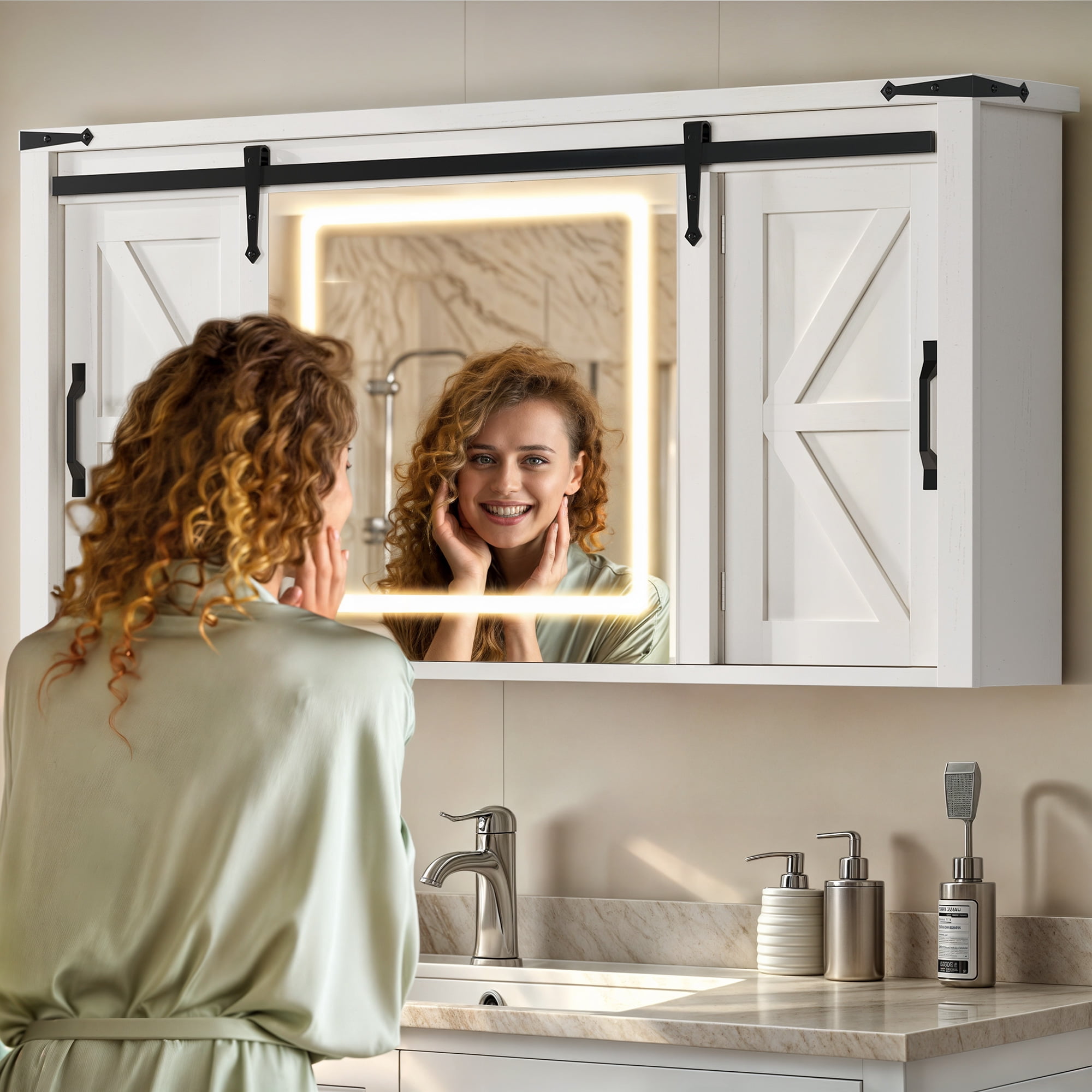 Dextrus 47" Medicine Cabinet with LED Lights Mirror, Bathroom Wall Storage Cabinet with Doors and Adjustable Shelf, White