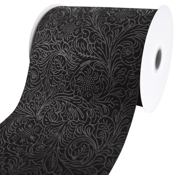 Homeford Embossed Flowers Hot Cut Edge Floral Wrap Ribbon, 6-inch, 25-yard, Black
