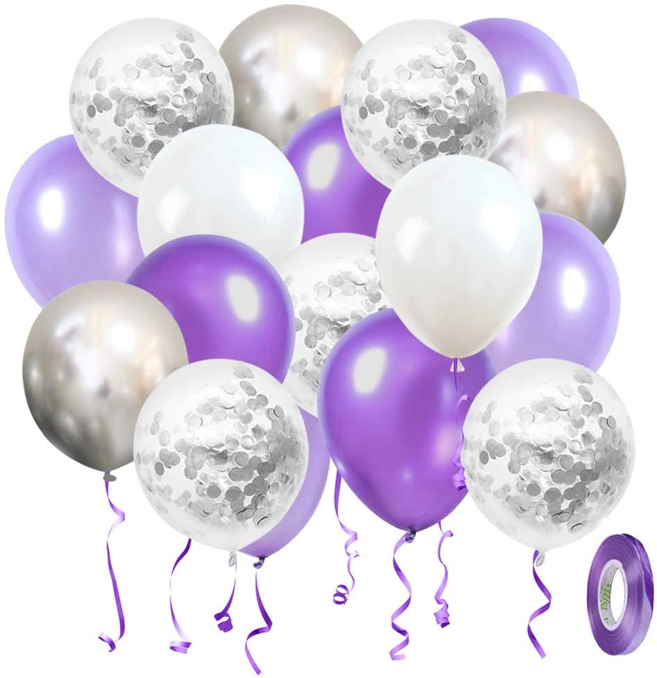 Purple White Silver Balloons 50pcs, 12 Inch Silver Confetti Balloons