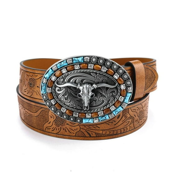 Fashion Bull Pattern PU Leather Vintage Waist Belt Waistband Mens Western Cowboy Belt Buckle Belt 120CM