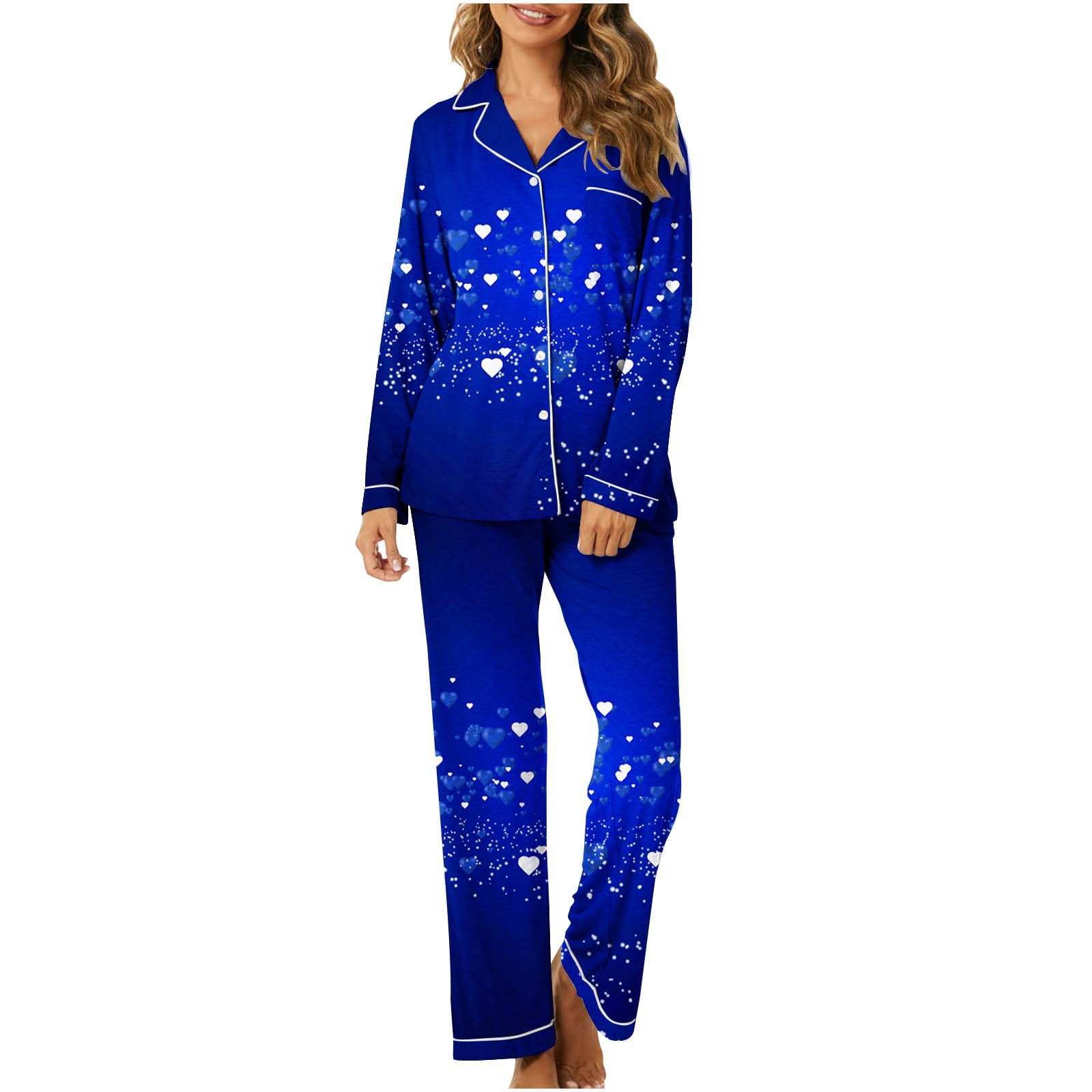 Faiwad Women s 2 Piece Pajama Set Long Sleeve Heart Print Button Down Shirt With Pants Set Homewear Sets Other
