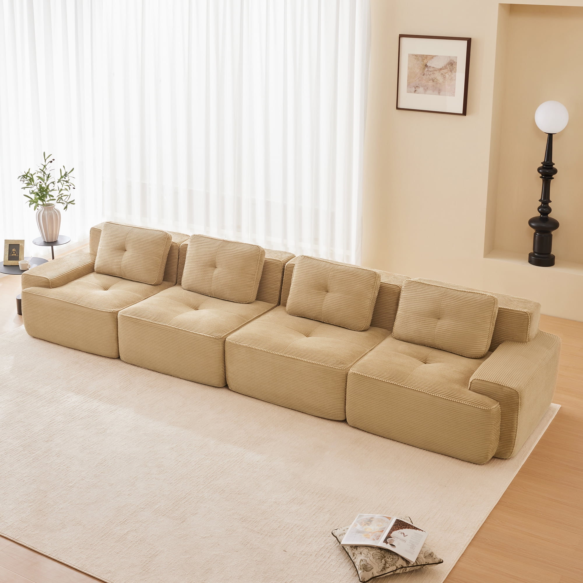 Anpport 153" Oversized 4-Seater Modular Sectional Couch, Camel Corduroy with Cushions, Tufted Design, Buckle Connection, Anti-Slip, No Assembly for Living Room