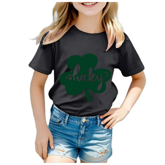 Gerichy Girls Graphic Print T-Shirt St. Patricks Day Four Leaf Print Children's Casual Round Neck Short Sleeve T Shirt