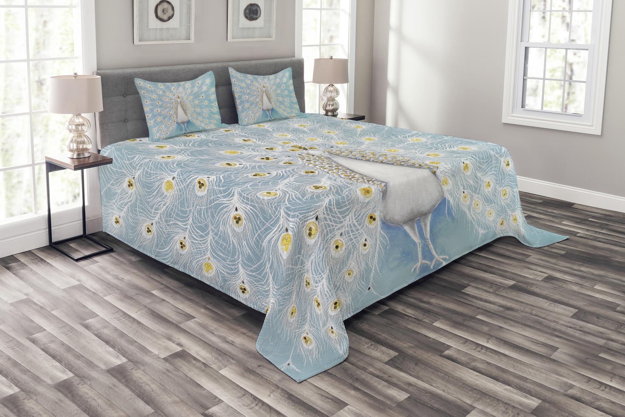 Peacock Bedspread Set, Peacock Pattern on the Wall Nature Colorful Stylish Ornate Artwork Print