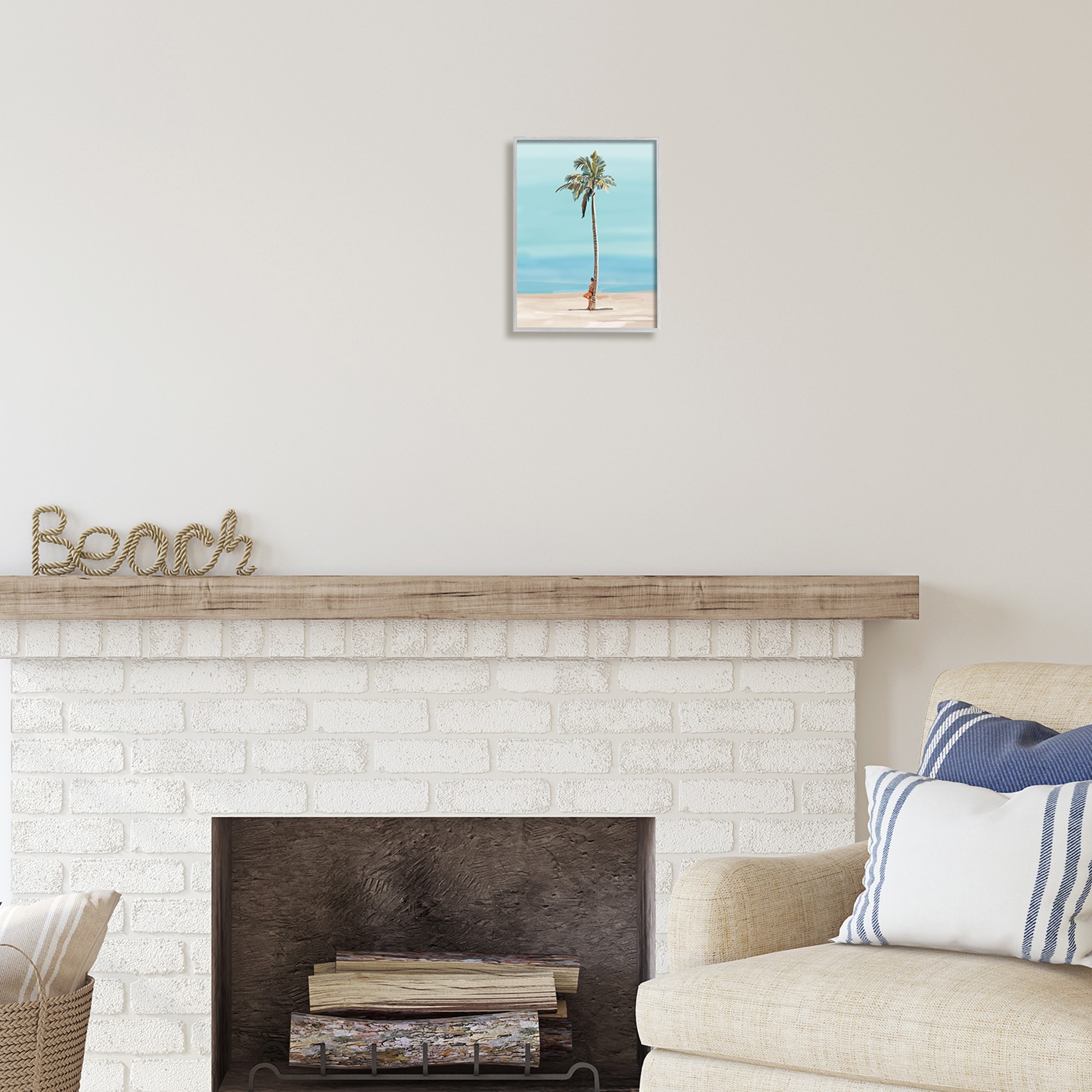 Stupell Industries Girl Leaning On Palm Tree Coastal Painting Gray Framed Art Print Wall Art