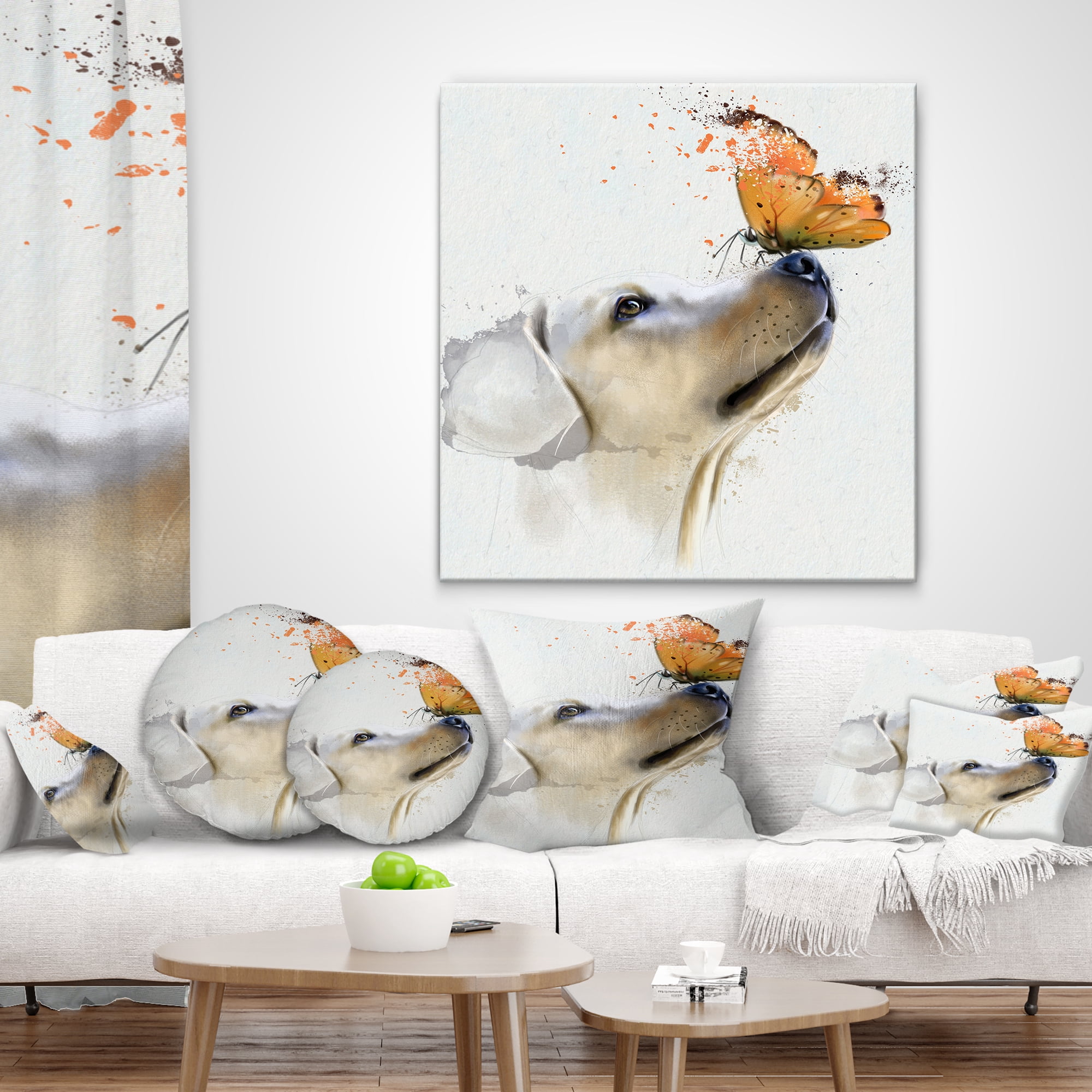 Designart Golden Retriever Dog with Butterfly - Animal Throw Pillow - 12x20