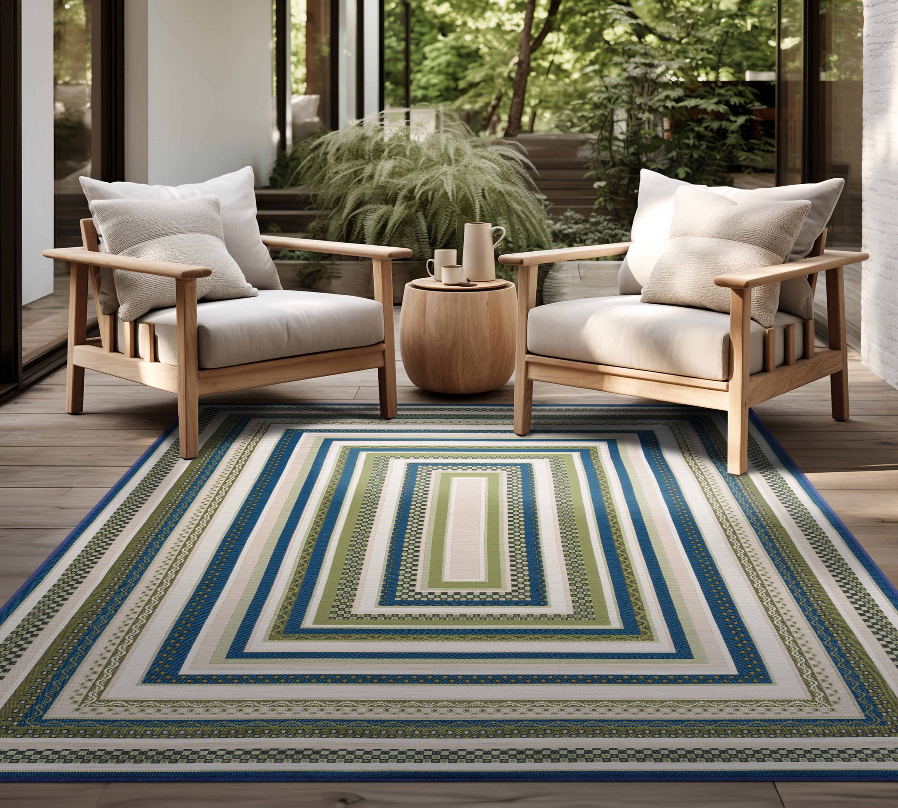 Stunning Contemporary 2' x 3' Green and Blue Polypropylene Outdoor Area Rug