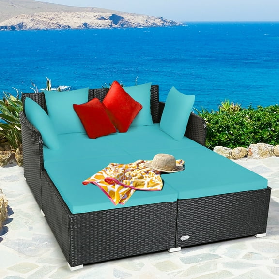 FORCLOVER Outdoor Rattan Daybed, Sunbed Wicker Furniture w/Spacious Seat, Upholstered Cushion, Wicker Patio Sofa Set with Pillows, Turquoise