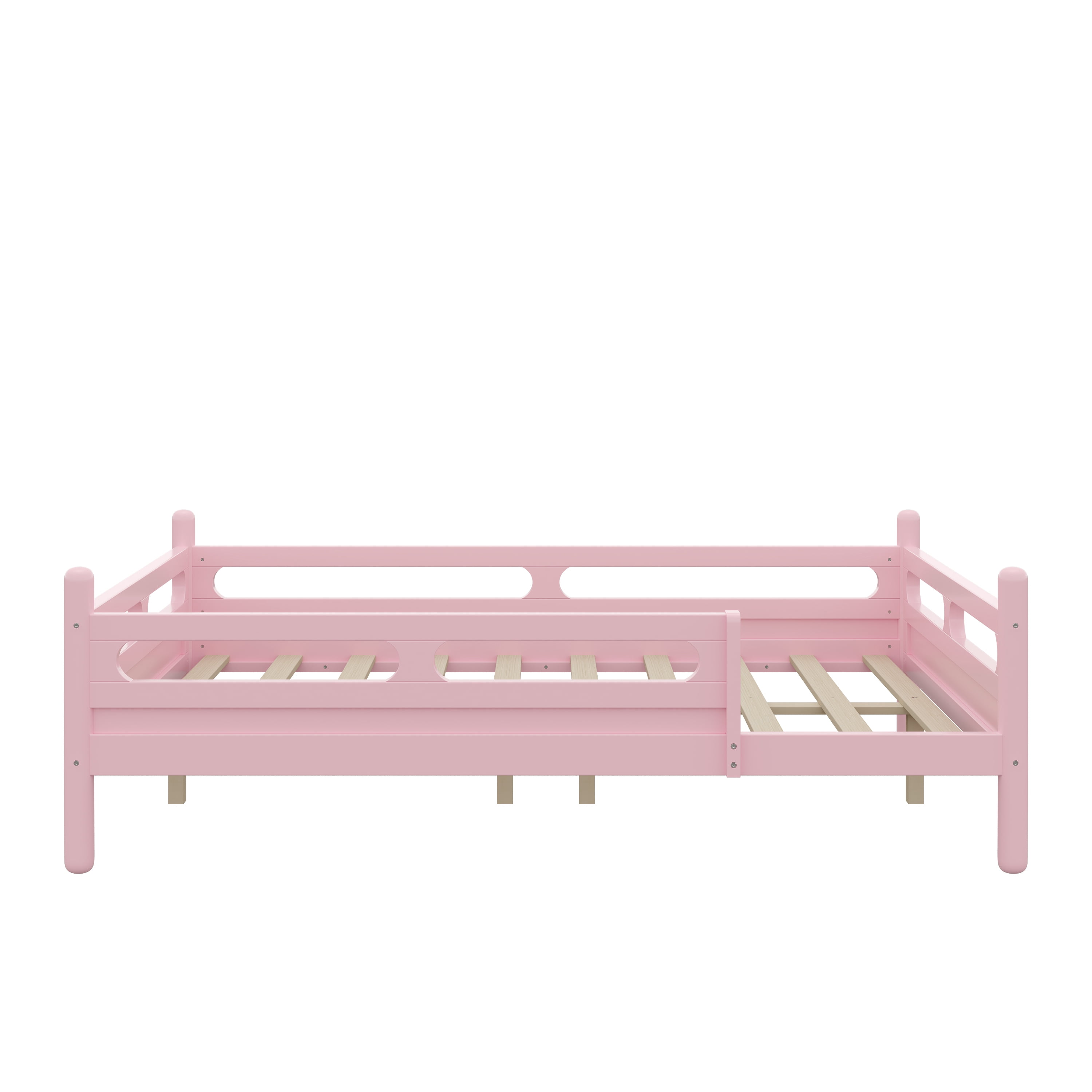 Euroco Wood Full Size Platform Bed, Low Profile Bed with Guardrails and Slats Support, Pink
