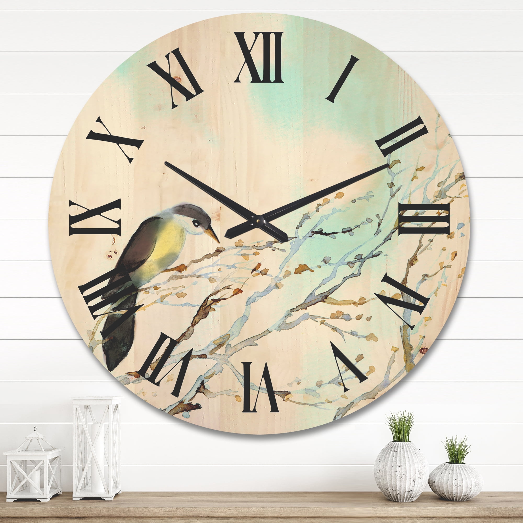 Designart 'Bird Sitting On Old Bare Tree With Blue Cloudy Sky' Traditional Wood Wall Clock