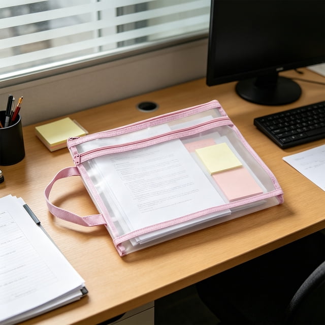 Bolsa de malla de gran capacidad con diseño de doble capa transparente: estuche con cremallera para organizar tareas, exámenes y documentos con asa.