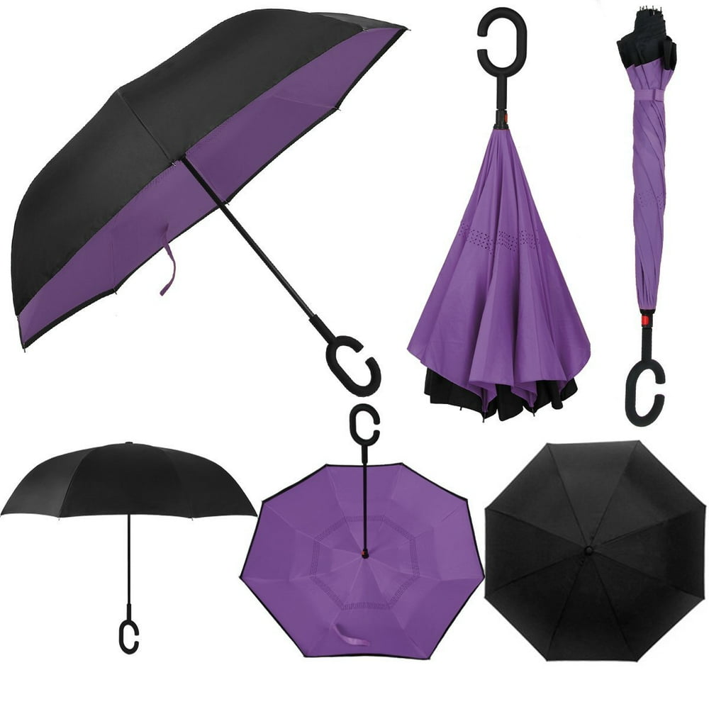 Windproof Double Layer Folding Inverted Umbrella, Self Stand Upside