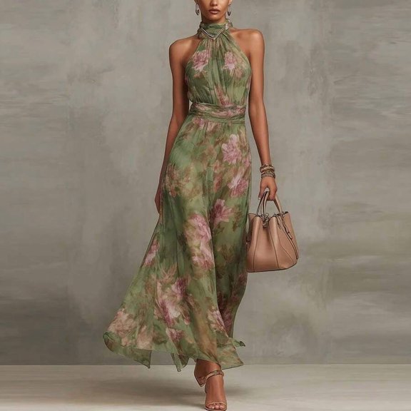 Green Floral Halter Neck Maxi Dress With Pleated Waist And Flowy Skirt