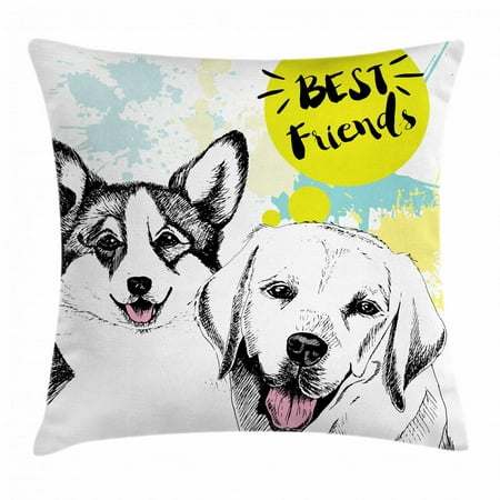 Labrador Throw Pillow Cushion Cover, Best Friends Typography with Hand Drawn Sketch Welsh Corgi Grunge Illustration, Decorative Square Accent Pillow Case, 18 X 18 Inches, Multicolor, by