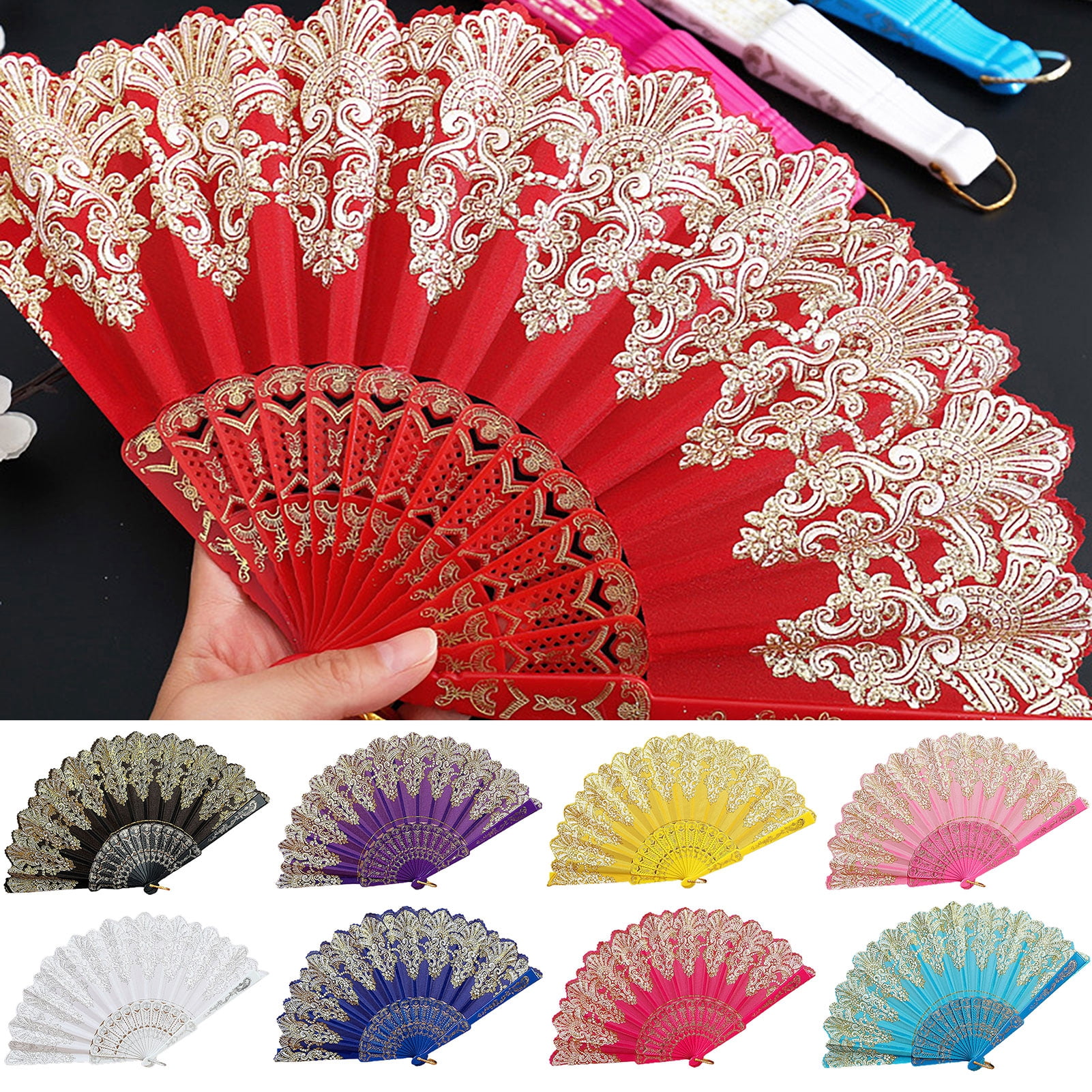 Meijuhuga Folding Hand Fan Vintage Hand held Fan Flower Patterns Fabric Folding Fan Suitable for