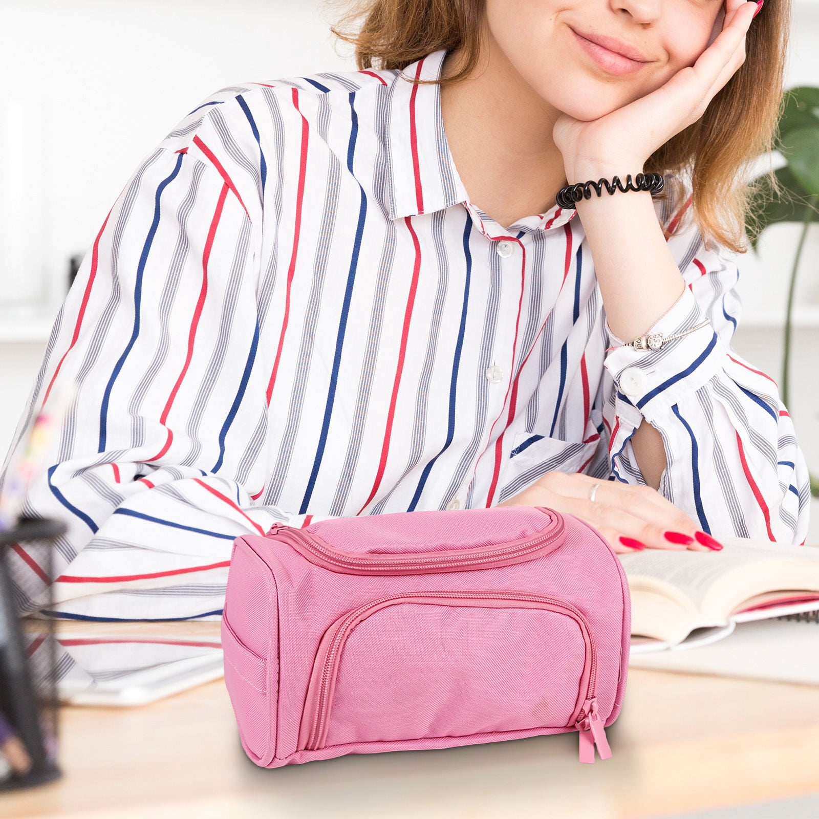 HengDidi Double-Layer Portable Pencil Bag with Side Storage and Carry Handle, Oxford Fabric Organizer for Stationery and Small Accessories