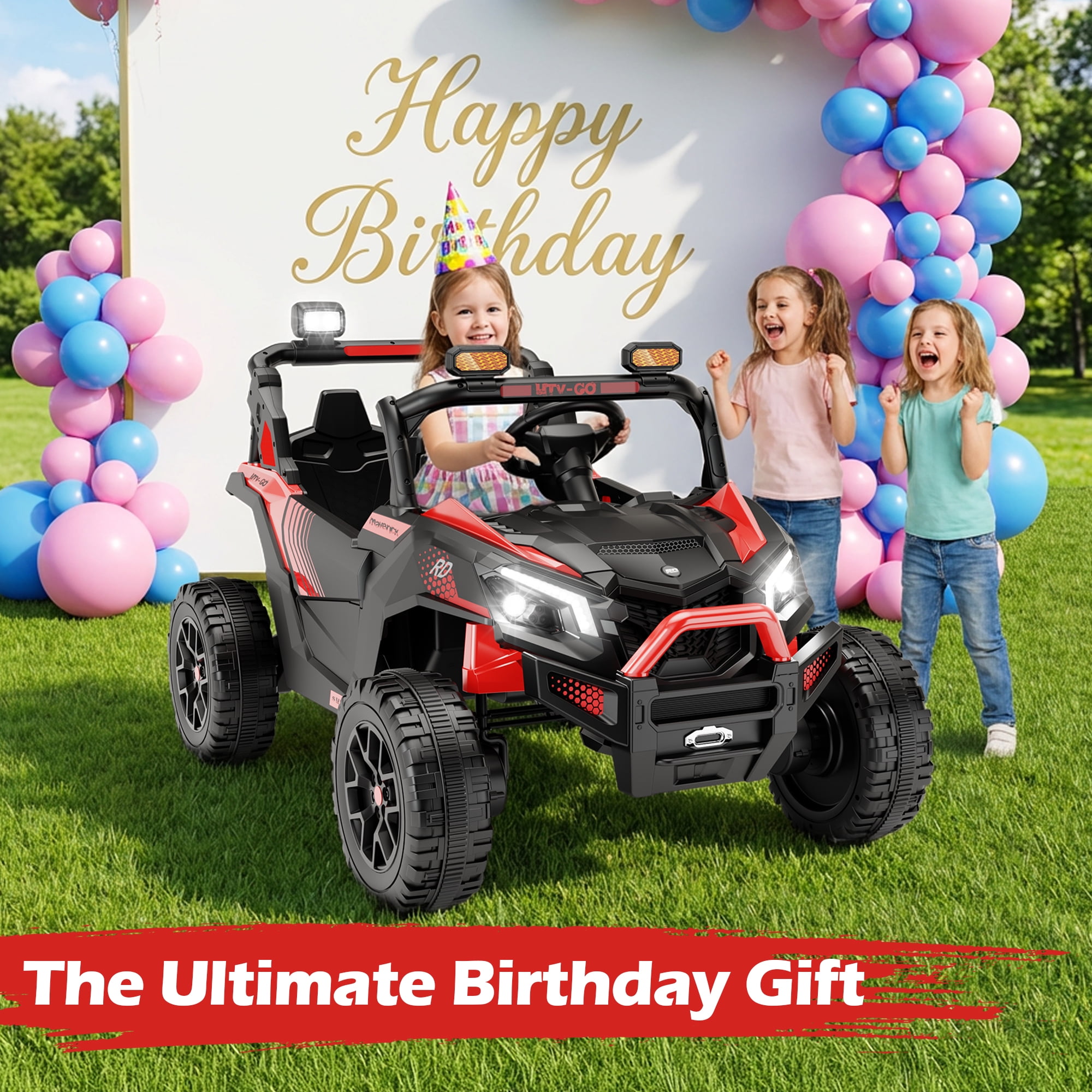 Wisairt 24V Ride on Toys 4WD Ride on Cars with Remote Control, 2 Seater Electric Car for Kids, Power Car Wheels, UTV w/ Four Motors, Music, LED Lights, Wireless Audio, 3 Speeds, Red