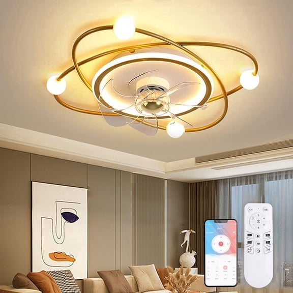 RRBEST Modern Ceiling Fan with Lighting, 58 Cm Dimmable LED Ceiling Lamp with Fan, 48 W Timer Ceiling Fan with Lamp for Living Room or Dining Room (Gold)