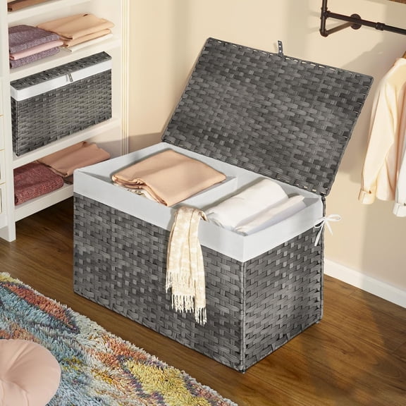 Large Wicker Storage Basket with Lid and Removable Liners, 160L Foldable Laundry Bin for Bedroom and Closet