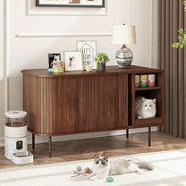 Naipo Cat Litter Box Enclosure with Sliding Tambour Door, 37.4" Hidden Litter Box Furniture, Wood Cat Litter Box Cabinet with Mat & Waterproof Pad, Rustic Brown