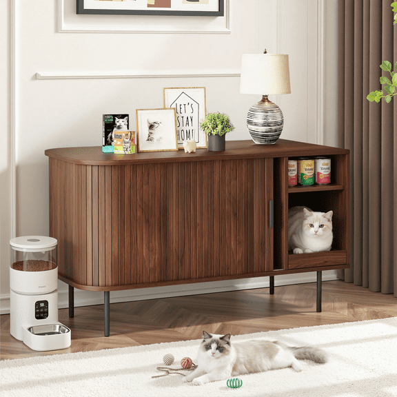 Naipo Cat Litter Box Enclosure with Sliding Tambour Door, 37.4" Hidden Litter Box Furniture, Wood Cat Litter Box Cabinet with Mat & Waterproof Pad, Rustic Brown