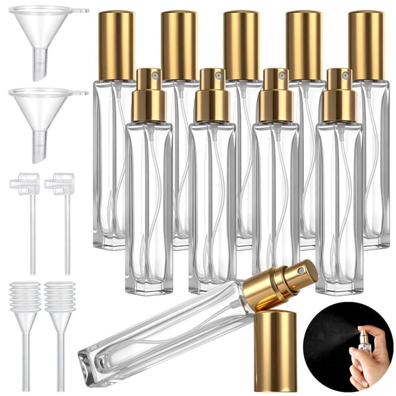 10 PCS 10 ml Perfume Spray Bottles, Square Refillable Glass Cologne Amorizer Bottle with Golden Cap, Mini Travel Spray Containers with Refill Tools, Pocket Sample Glass Bottles