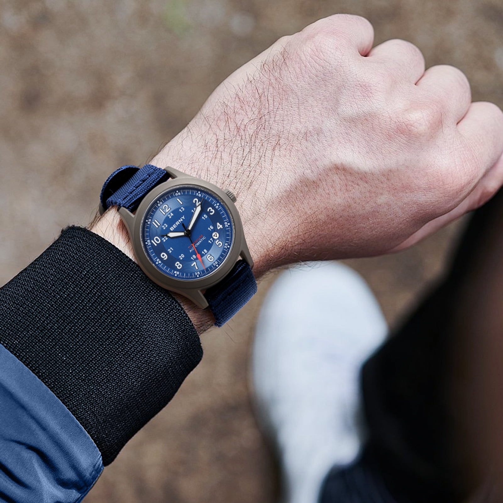 BERNY Automatic Watches for Men Military Sport Nylon Strap Titanium Field Watch with Date Sapphire Crystal Luminous Analog Mechanical Watch 100M Waterproof Army Tactical Casual Wristwatch (Blue)
