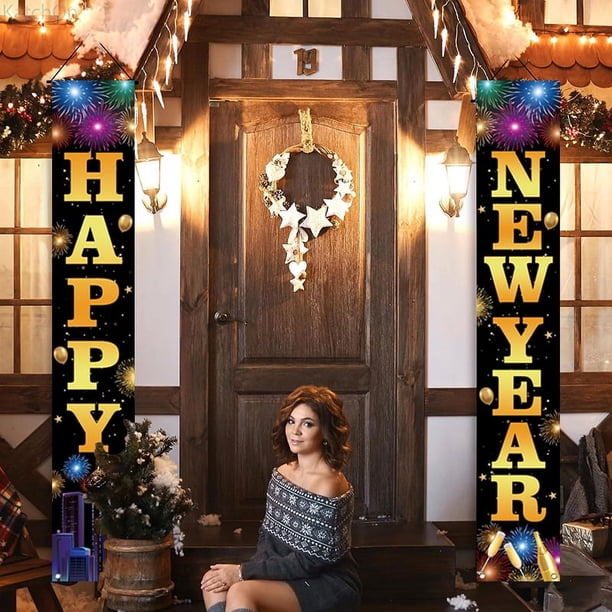 Letrero de pancarta de porche de feliz año nuevo 2025, pancarta decorativa colgante para puerta, decoración de fiesta navideña para celebración navideña en el hogar