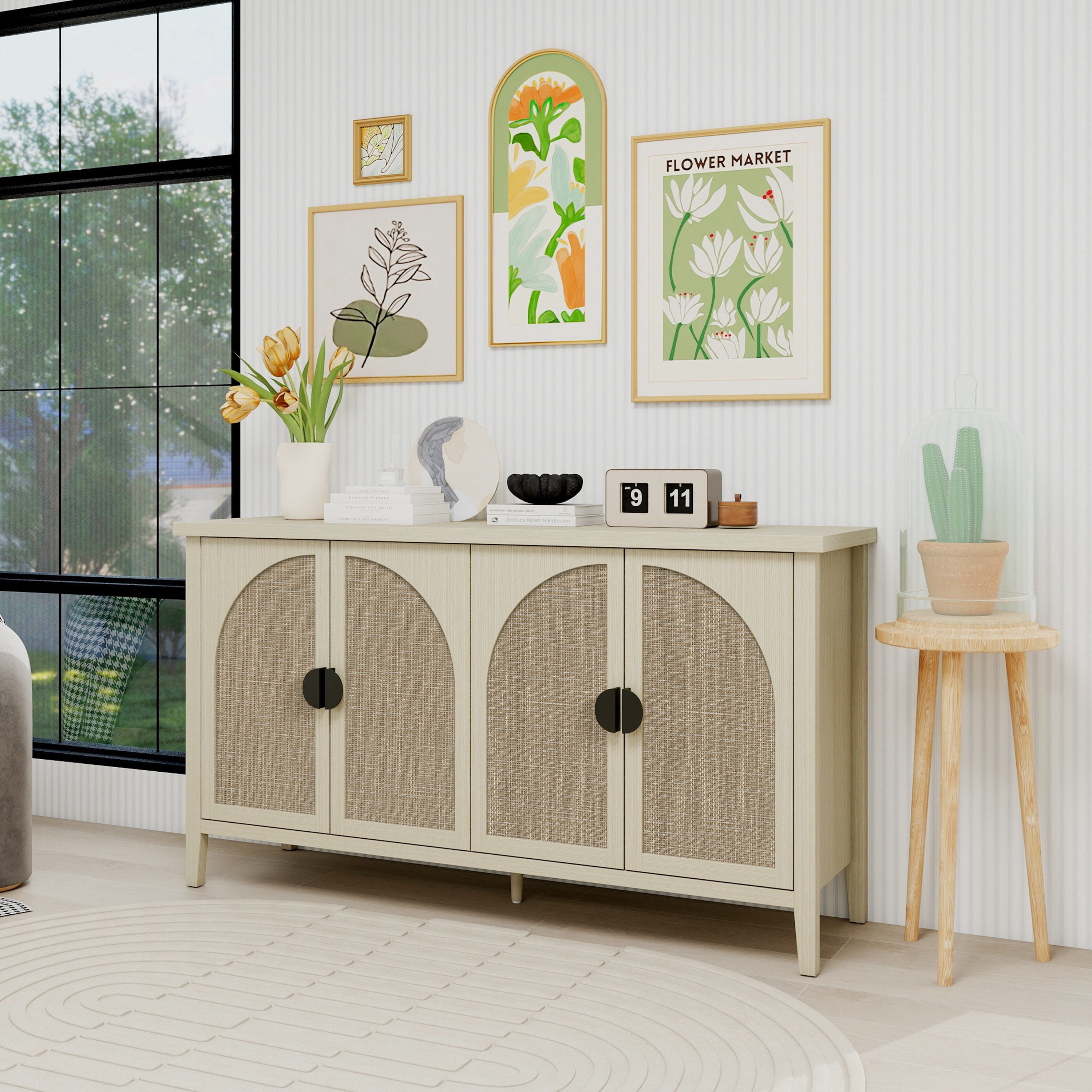 Gewnee Rattan 4-Door Storage Cabinet, Multipurpose Home Organizer for Bedroom, Living Room and Study