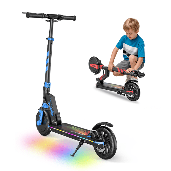 Electric Scooter for Teens, 200W Motor E-Scooter up to 10 Miles Range & 10MPH, 8" Solid Tires, Dual Brake, 3S Easy Folding Lightweight Mobility Scooter with Rainbow LED Lights for Boys Girls