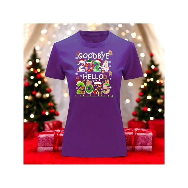 Playera Blusa Con Estampado De Goodbye 2024 Hello 2025 Fin De Año Año Nuevo Color Morado Talla Mediana Marca Emil SaEs