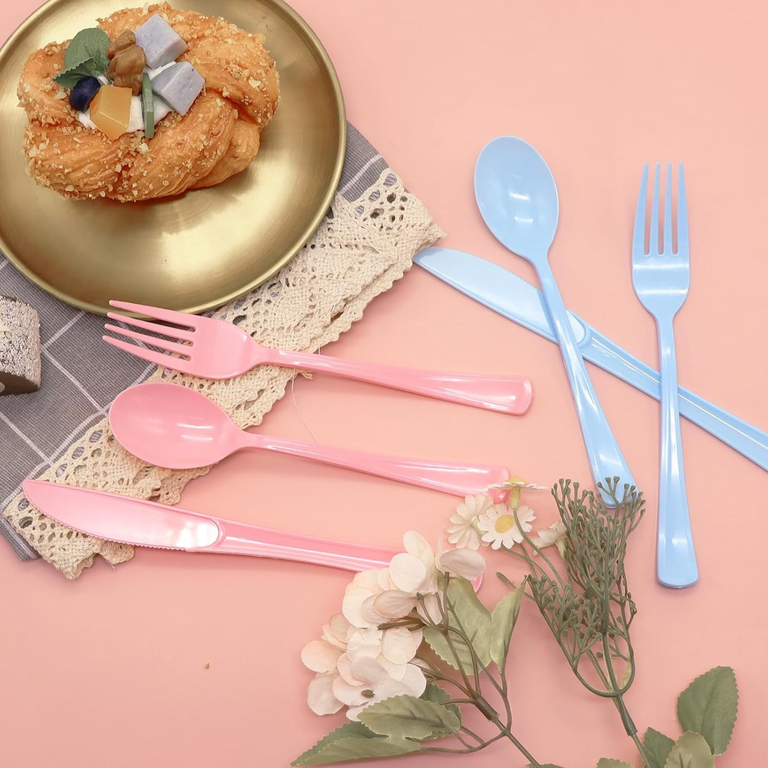150 Pcs Pink and Blue Cutlery Heavy Duty Light Pink and Baby Blue Plastic Silverware - 50 Plastic Forks, 50 Knives, 50 Spoons for Birthday Baby Shower Gender Reveal