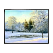 Designart 'Green Trees In Beautiful Winter Snow Landscape' Traditional Framed Canvas Wall Art Print