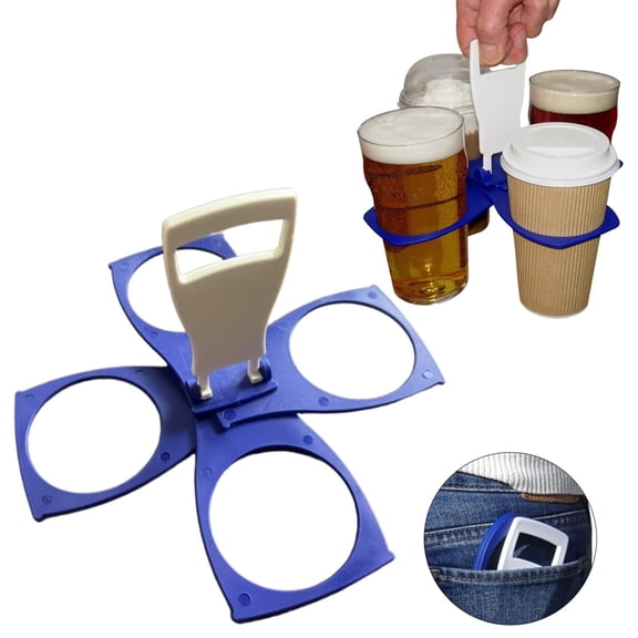 Fold Away Cup Carrier/Caddy Take-Out Coffee Soft Drink Pint Beer Beverage Holder, Sturdy Reusable Pocket Size, Festival Sports Gigs - Easy & Safe 2,3,4 Cups