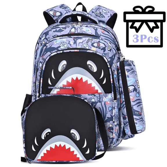 Lvelia 3PCS School Backpack Set,Large Capacity Waterproof Kids Backpack with Insulated Lunch Bag & Pencil Case,Shark Printed