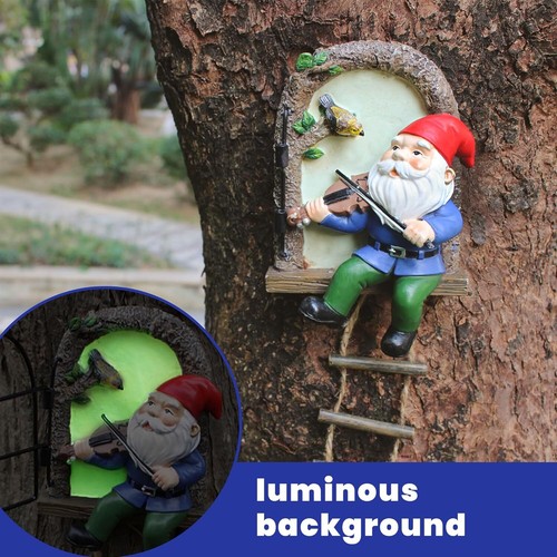 Colourtree Elf Out The Door Tree Hugger with Ladder, Funny Musical Gnome Garden Sculpture, Whimsical Fairy Tree Face/Stump Decor, Resin Outdoor Statue, Luminous Elf Peeker Yard Art