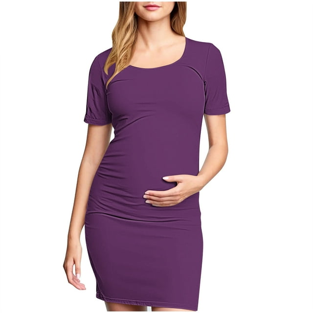 Mrzvby Robes de Maternité pour Femmes à Manches Courtes, Col Rond, Froncées, Robes de Grossesse Légères et Respirantes, Robes Midi Moulantes, Couleur Unie, Robes Plissées Décontractées
