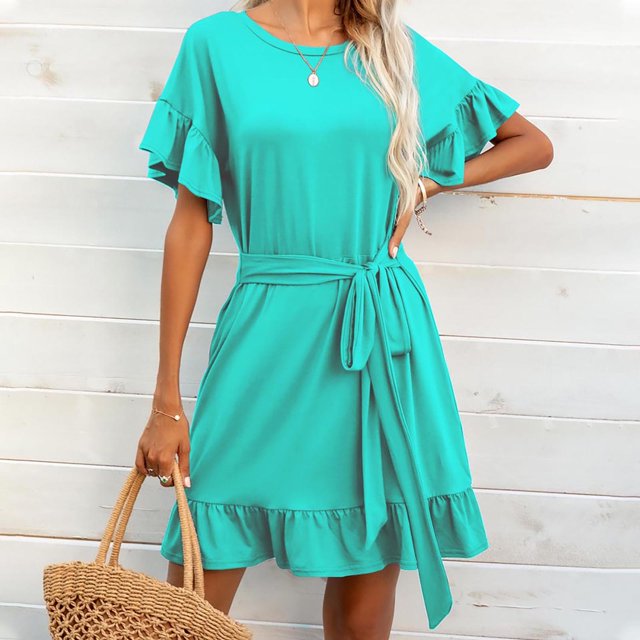 LOVZFMLL Womens Casual Short Sleeve Summer Waist Tie Double Layer Ruffle-Neck Bandage Tunic Solid Dress Green L