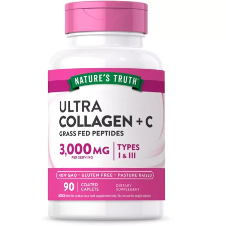 Nature's Truth Hydrolyzed Collagen Peptides | 90 Caplets | Type 1 and 3 with Vitamin C | Grass Fed, Non-GMO, Gluten Free Pill Supplement