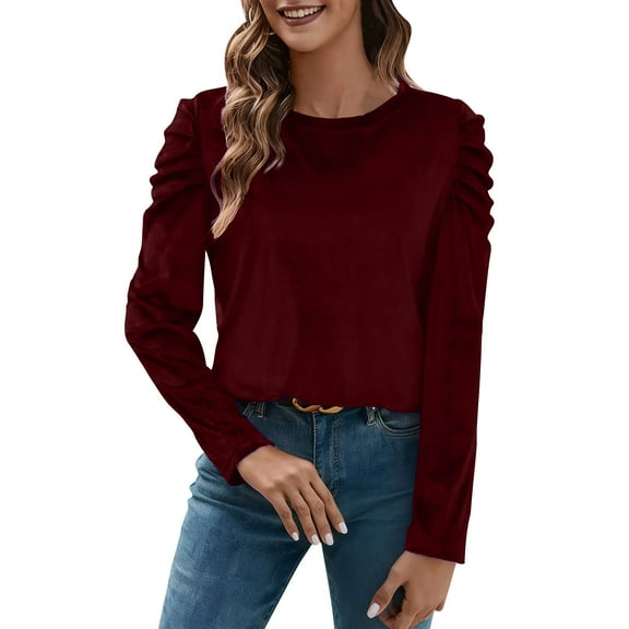 hotojiny Women's Velvet Tops Soft Comfy Crew Neck Work Office Blouse Lightweight Warm Business Shirt Fall Fashion Outfit