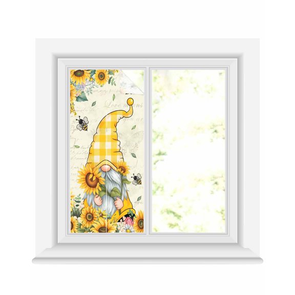 Window Privacy Film Sunflower Gnomes Stained Glass Window Film Decorative Sun Block Window Cover Yellow Sunflower Vintage Leaves Bee Window Clings Static Adhesive Sticker for Bathroom 17.7"x39.3"