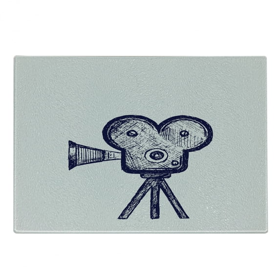 Movie Theater Cutting Board, Hand Drawn Sketch of a Video Projector in Blue Tones Cinema, Decorative Tempered Glass Cutting and Serving Board, Small Size, Violet Blue Grey, by Ambesonne