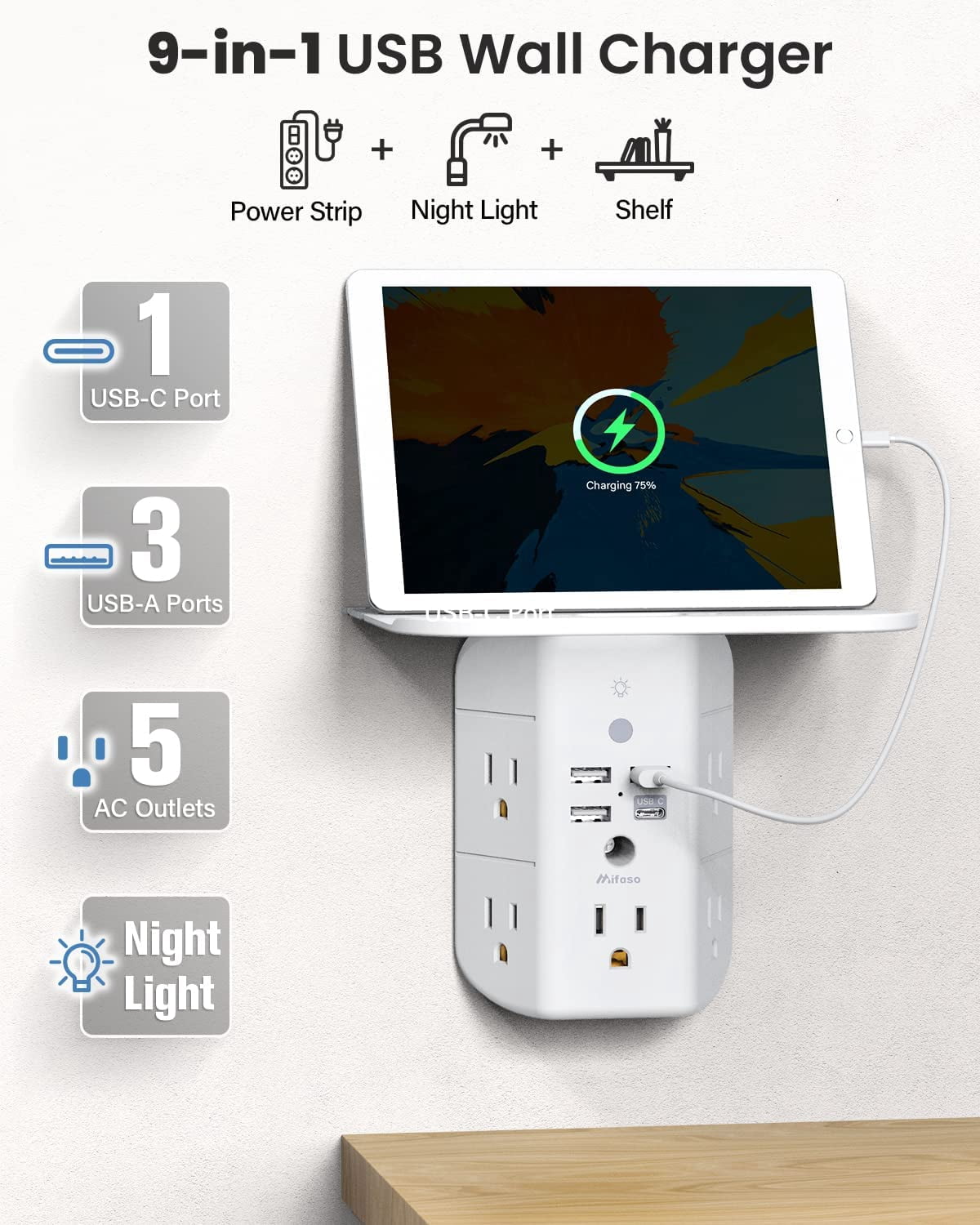 Wall Outlet Extender with Shelf and Night Light Sur Protector USB Wall Charr with 5 AC Outlets and 3 USB Ports 1 USB C Outlet Wide Space 3-Sided Power Strip Multi Plug Outlets…