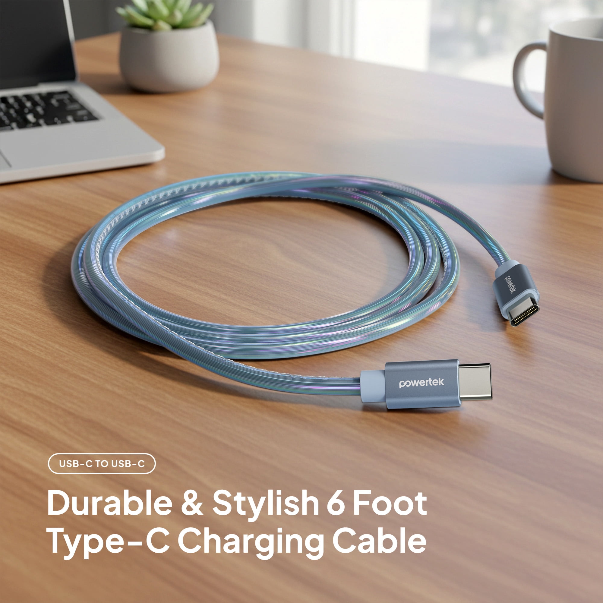 Powertek USB-C to USB-C (Type-C) Metallic Shine Pastel Fast Charging Cable, 60W, 6 ft, Blue