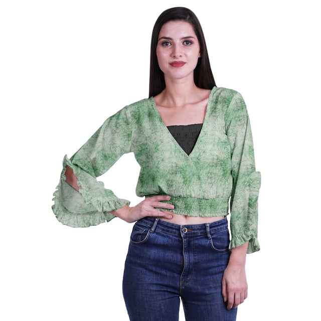 Moomaya Haut Court Imprimé pour Femmes Style Enveloppant Manches Longues à Volants Blouse d'Été Décontractée