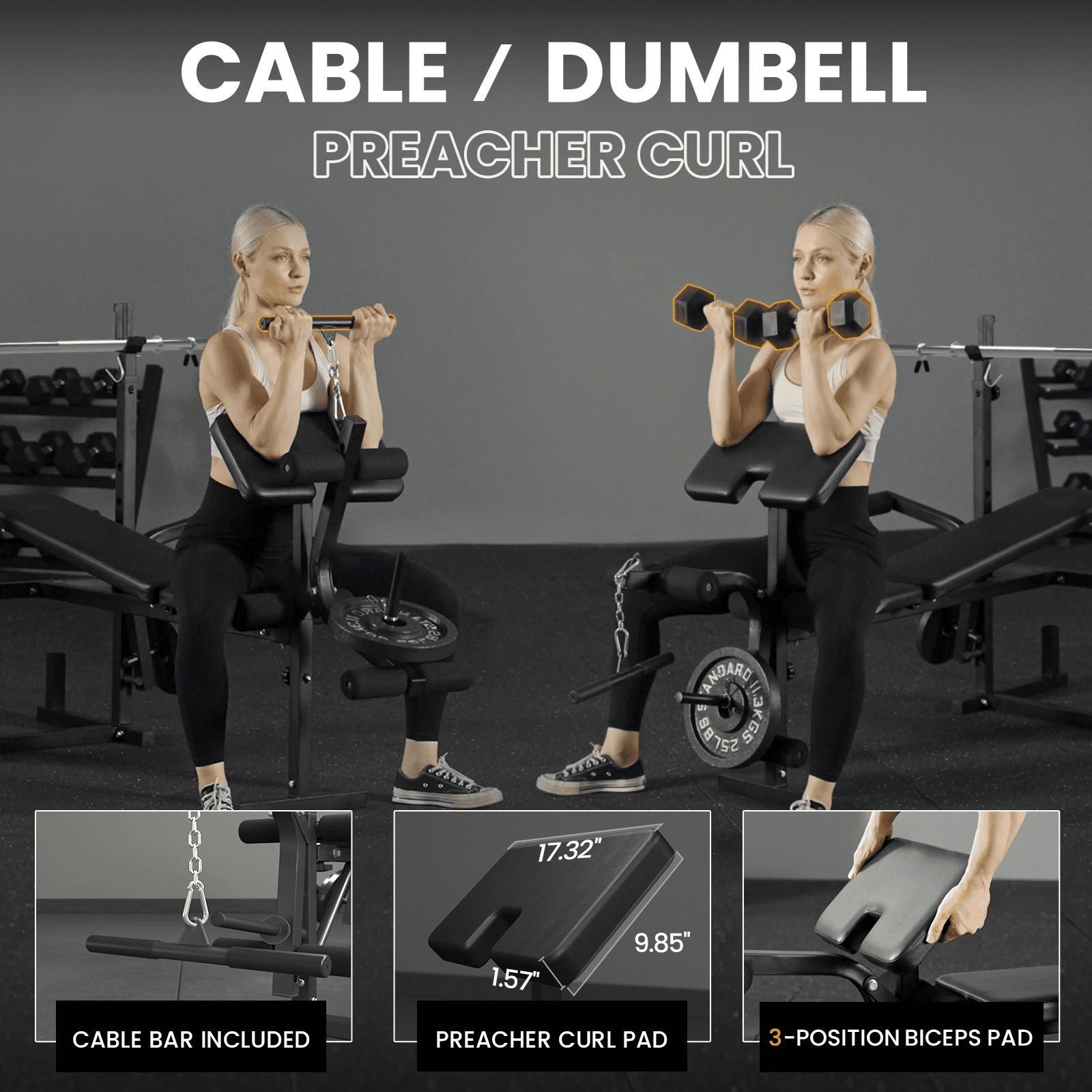 Mikolo Adjustable Weight Bench with Barbell 6 in 1 Lat Pull Down, Leg Extension and Leg Curl, Chest Fly and Preacher Curl Workout Bench Multi-Function Strength Training Bench Press Exercise Equipment