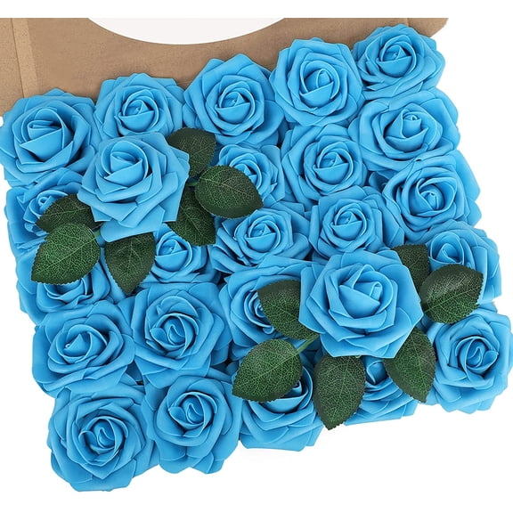 PE Foam Artificial Flowers 8CM Simulation Rose Flower 25pcs Real Looking Blush Foam Fake Roses with Stems For DIY Wedding Bouquets Bridal Shower Centerpieces Party Decorations(Light Blue)