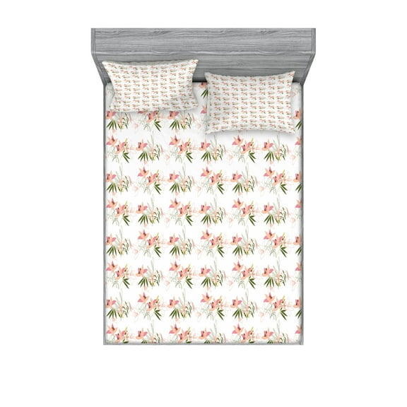 Ambesonne Floral Fitted Sheet & Pillow Sham Set, Romantic Bouquet of Lilies, Full, Olive Green Pale Pink